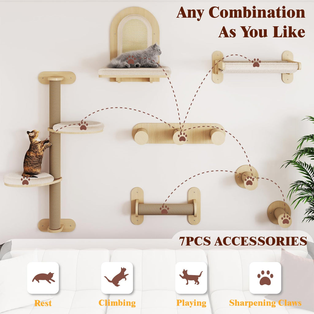 BYBYME 7 Pcs Wall-Mounted Cat Shelves, Multi-Level Sturdy Climbing Frame with Scratching Posts, Kitten Platform & Cat Bed for Playing & Resting, Solid Wood Indoor Cat Room Tree（Natural Wood）