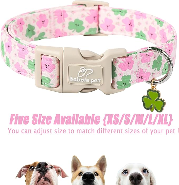 St Patricks Day Dog Collar for Medium Dogs - Cute Light Pink Shamrock Girl Dog Collars, Adjustable Irish Clover Puppy Collar with Quick Release Buckle M