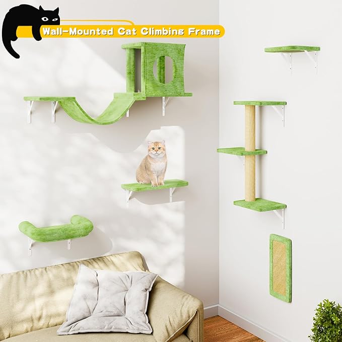NUNU LAB Cat Wall Shelves, 6 Pcs Luxury Wall-Mounted Cat Climber Set, Green