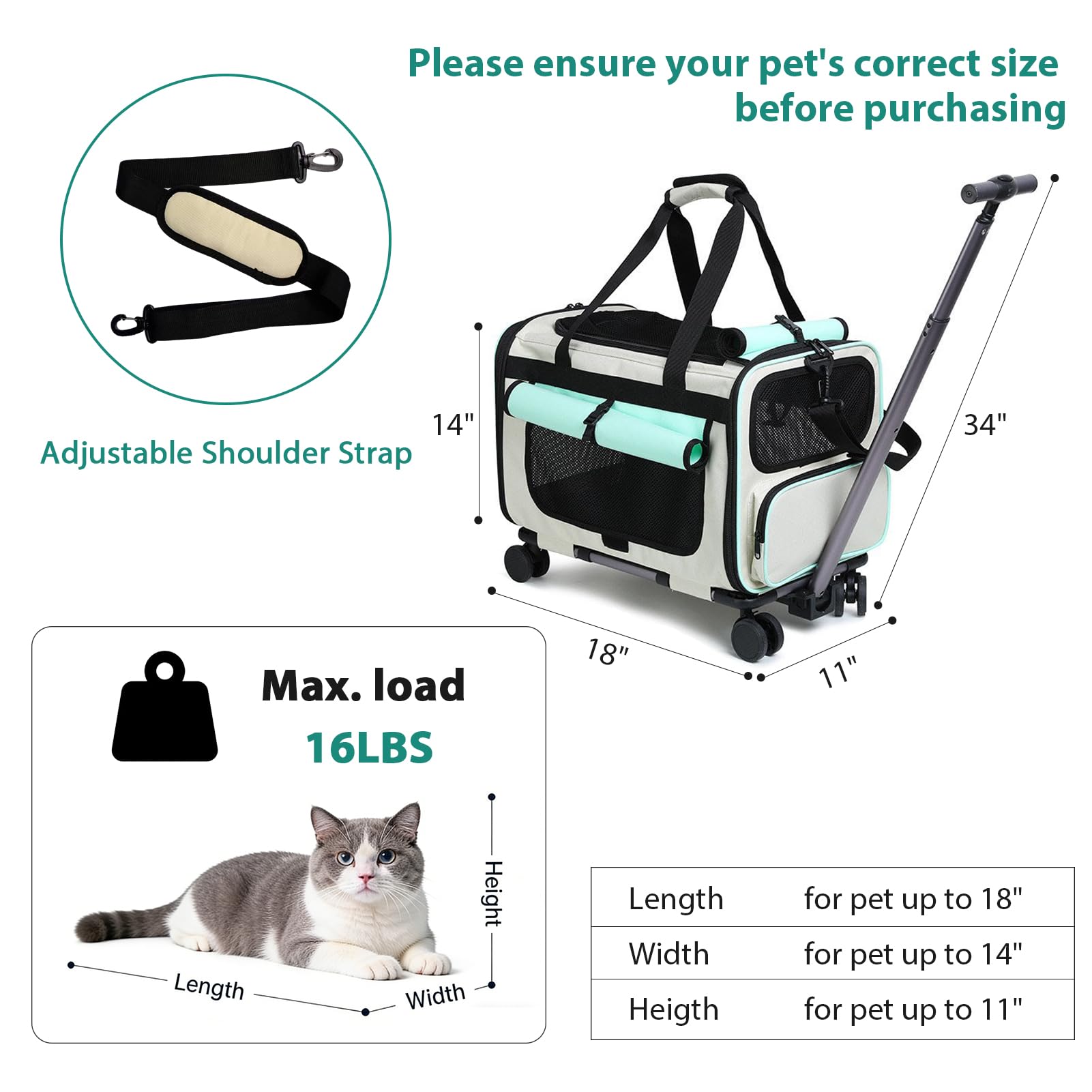 Expandable Pet Carrier with Wheels for Small Dogs and Cats,Airline Approved Rolling Cat Carrier with Removable Platform,18”X11”X14”,Foldable Soft-Sided Travel Bag Fits Under Seat,Up to 16 lbs(Blue)