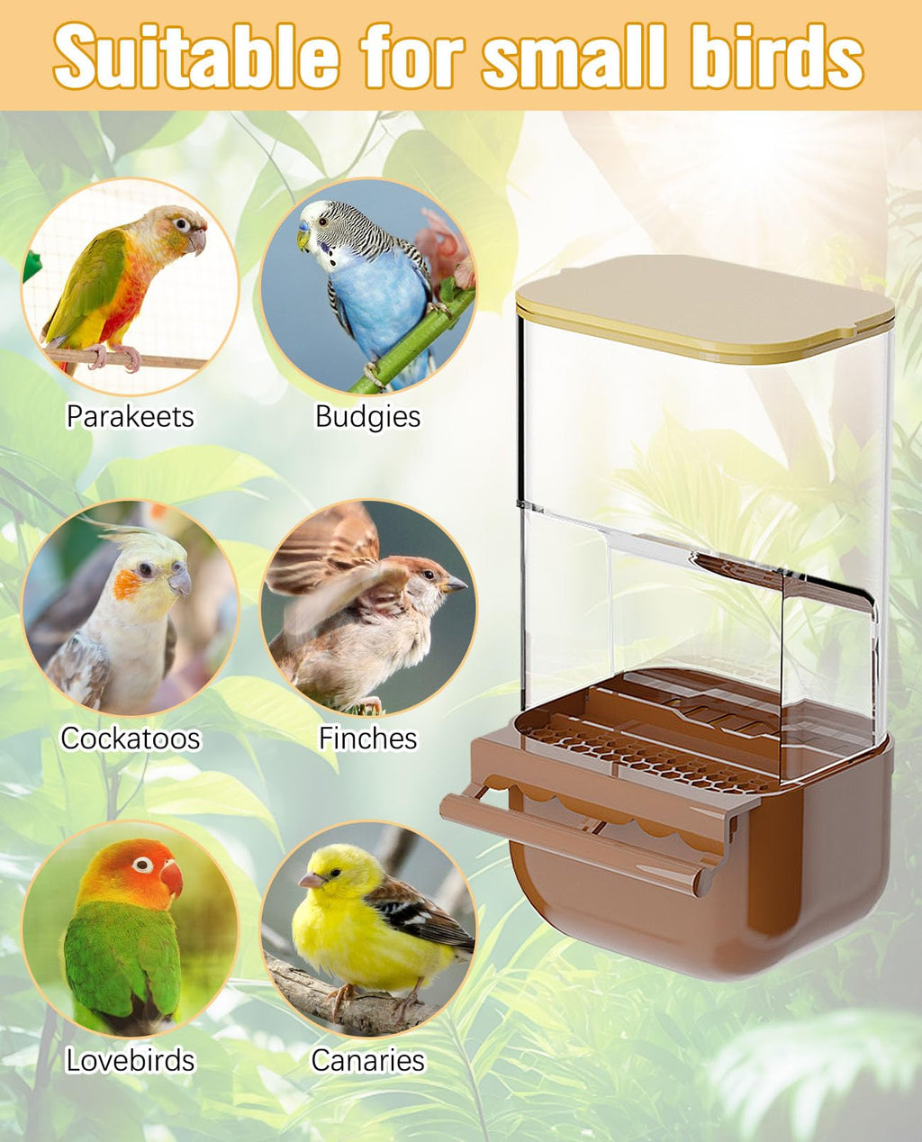 BNOSDM No Mess Bird Automatic Feeder Bird Cage Feeders Parrot Cage Accessories Transparent Seed Food Container with Perch for Finches, Parakeets, Budgies, Lovebirds, Cockatoos, Canaries (Brown)