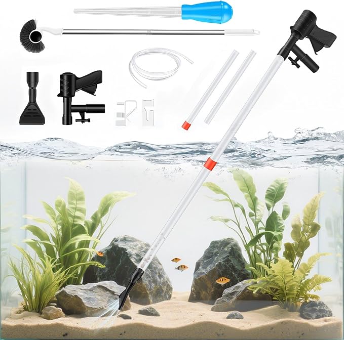 FISORAS Aquarium Cleaning Tools, 7 in 1 Fish Tank Cleaning Kit with Adjustable Long Handle,Aquarium Sponge Brush and Fish Net