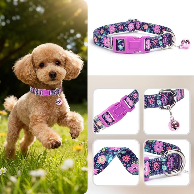 Floral Small Dog Collar with Bell XXS XS Cat Collars for Tiny Dogs