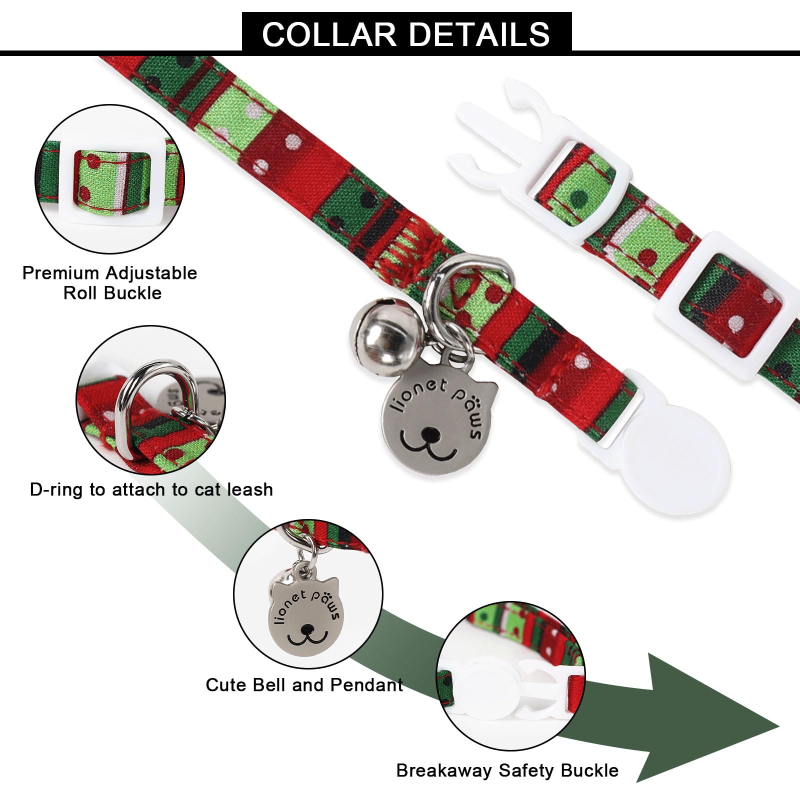 Lionet Paws 2pcs Pack Cotton Cat Collar,Breakaway Buckle Christmas Cat Colar with Santa,Red Green Dot Cute Adjustable Cat Kitten Collar,Ideal for Boy Cats