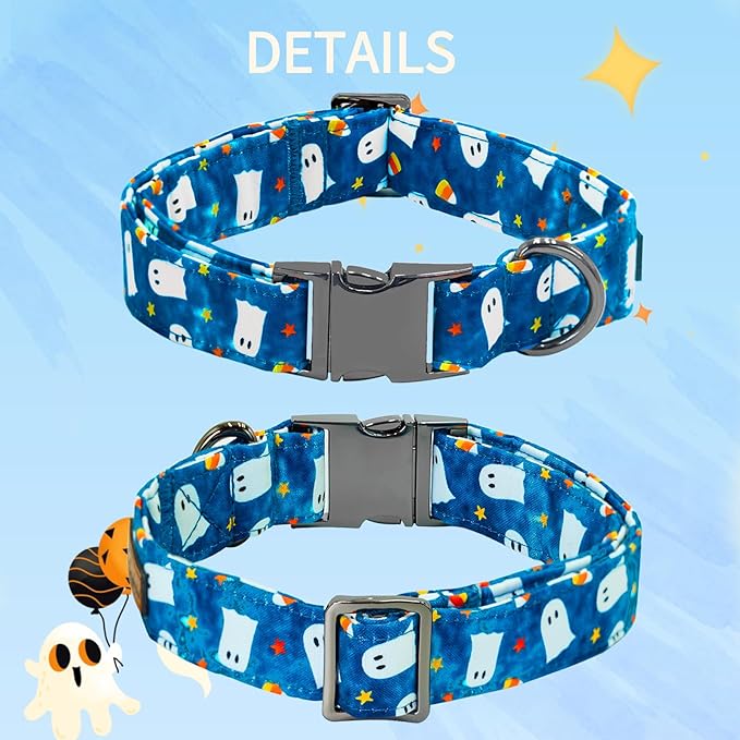 Bobo Rainbow Halloween Dog Collar, Ghost Print Adjustable Pet Collar Blue Cute Cotton Soft Collars with Bow Tie Fall Metal Buckle Holiday Puppy Collars Boy&Girl Gift for X-Small Dogs