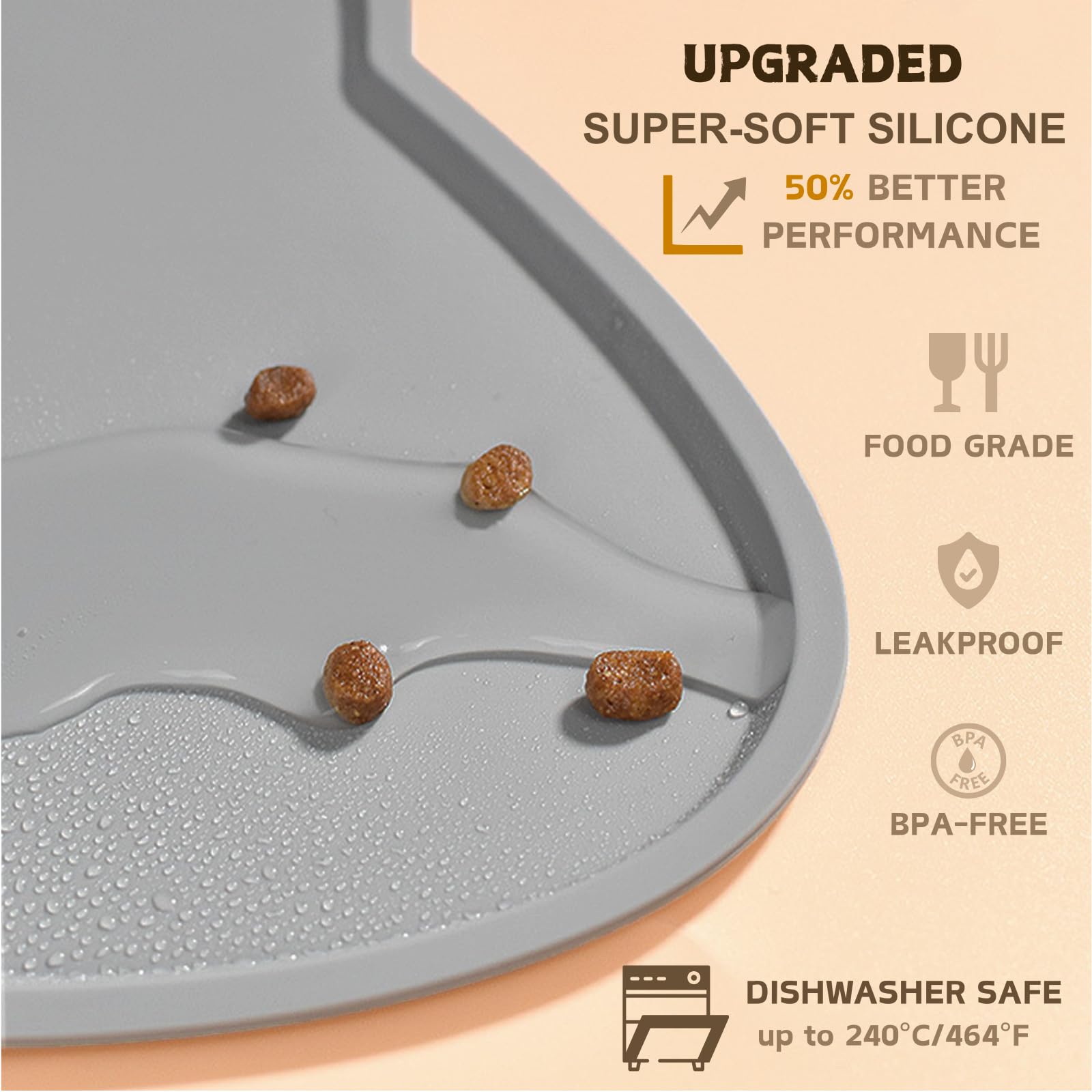 Cat Food Mat, Silicone Non Slip Dog Bowl Mat Waterproof Cat Feeding Mat Stop Food Spills and Water Messes Out to Floor Pet Food Mat (Dark Gray, 17" x 10")
