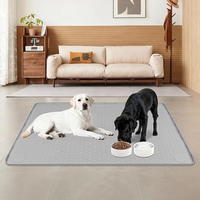Lanstics Dog Food Mat 40" x 28" Large Silicone Mat with Raised Edge Gray