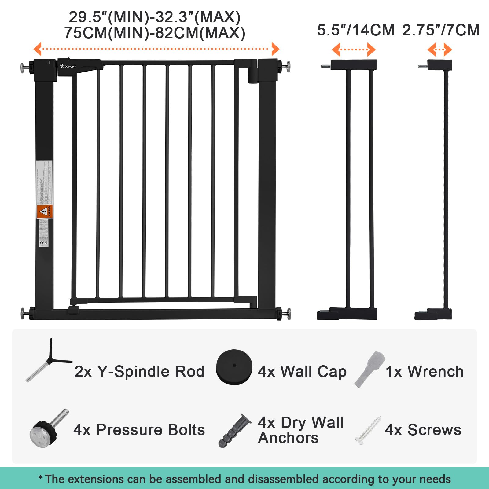COMOMY 30" Tall Baby Gate for Stairs Doorways, Fits 29.5" to 40.5" Openings