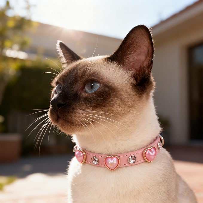 EXPAWLORER Leather Cat Collar for Girl Boy Cats,Pink(Heart Diamond Rivet)