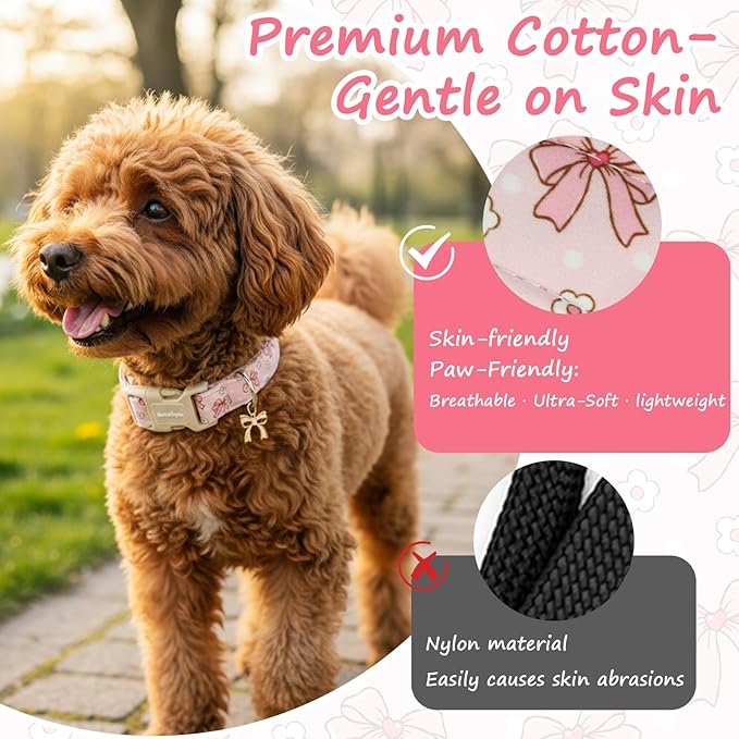 Astdogio Pink Bow Dog Collar with Flower, Adjustable Cotton Puppy Collar, Cute Girl Boy Dog Collars for Small Medium Large Dogs, Ideal for Gifts,Pet Accessory,L