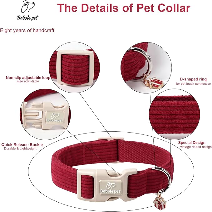 Cute Corduroy Dog Collar - Burgundy Adjustable Dog Collars for Medium Dogs 25-50lbs, Fade-Proof with Secure Snap & Little Charm, Christmas Birthday Gift, M