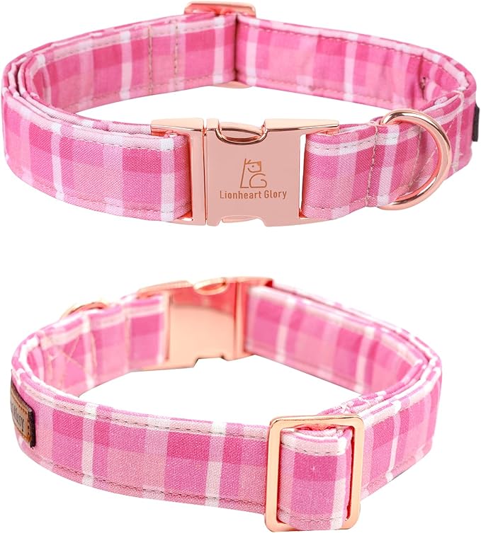 Lionheart glory Pink Plaid Dog Collar, Adjustable Dog Collar with Bowtie, Pet Gift Girl Collar for Dog Soft Bowtie Dog Collars for X-Large Dogs