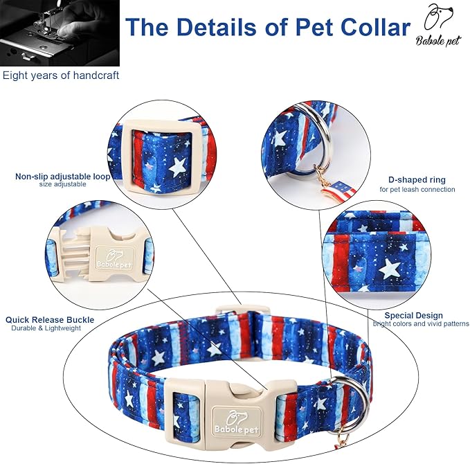 4th of July Dog Collar, Stars & Stripes Patriotic Dog Collars for Puppy Small Dogs, Adjustable Lightweight Quick-Release Buckle Collar for Boy&Girl Dogs XS