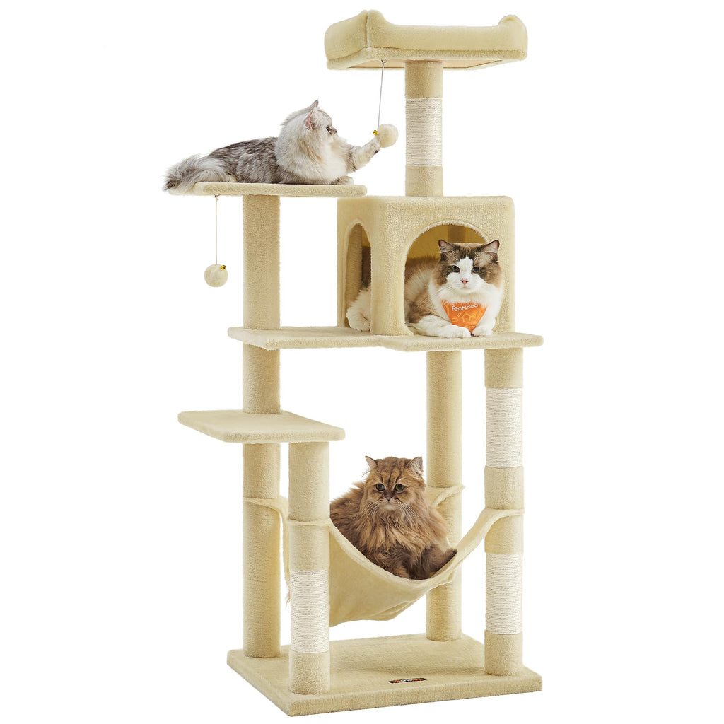 Feandrea Cat Tree, 54.2-Inch Cat Tower, Plush Multi-Level Condo with 4 Scratching Posts, 2 Perches, Hammock, Cave, Beige UPCT161M01