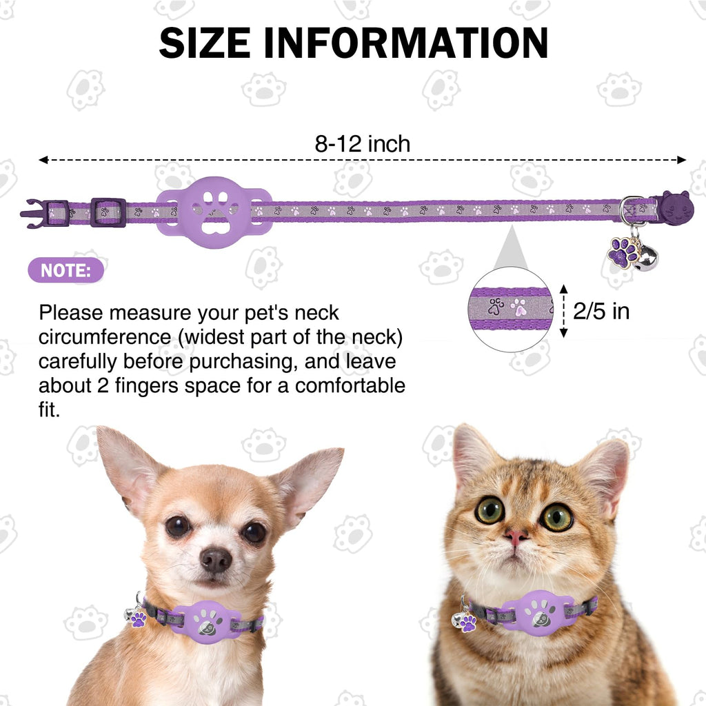 DILLYBUD Airtag Cat Collar Breakaway, Reflective Kitten Collar with Bell and Apple Air Tag Holder, GPS Cute Cat Collar, Glow in The Dark Pet Collars for Boy Girl Cats, Kittens, Puppies, Purple