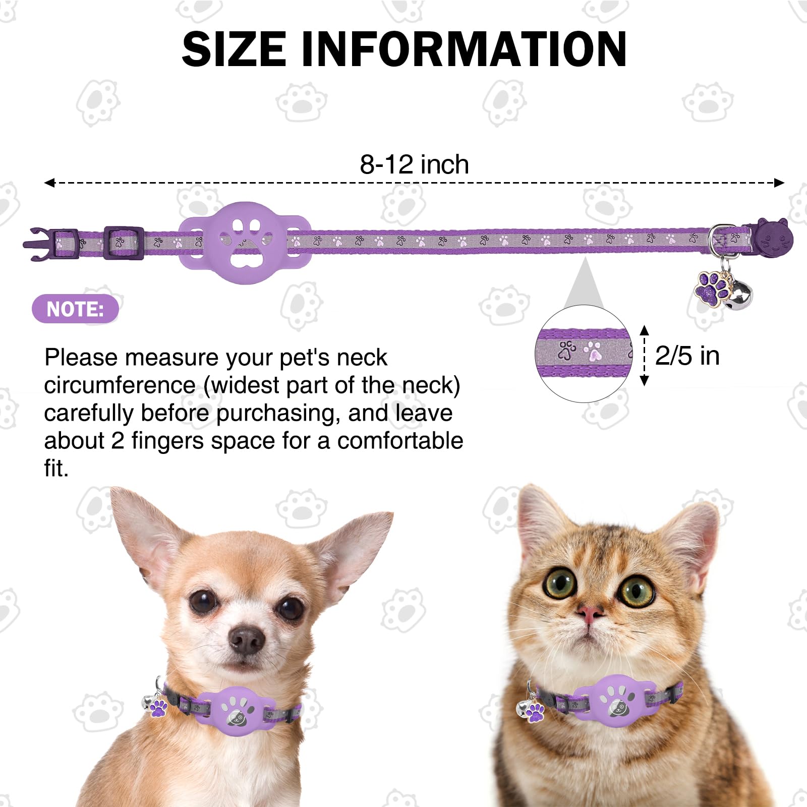 DILLYBUD Airtag Cat Collar Breakaway, Reflective Kitten Collar with Bell and Apple Air Tag Holder, GPS Cute Cat Collar, Glow in The Dark Pet Collars for Boy Girl Cats, Kittens, Puppies, Purple