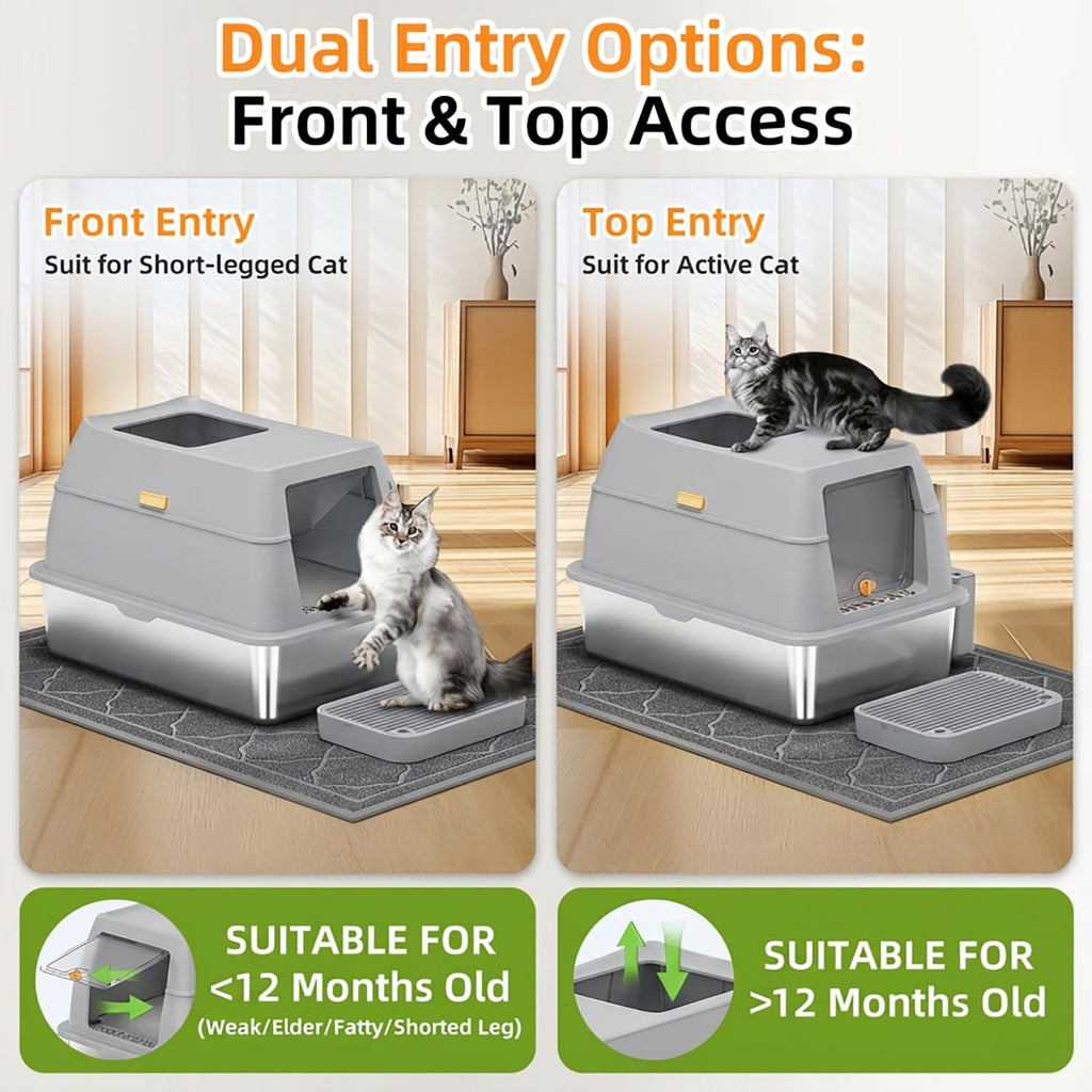 Stainless Steel Litter Box with Lid,Front Entry Top Exit Kitty LitterBox,Extra Large Enclosed Metal Cat Box with Litter Scoop & Litter Mat-Light Gray