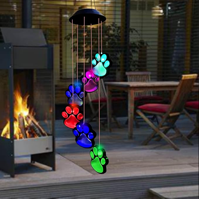 Paw Print Solar Wind Chimes, Color Changing Paw Prints Solar Lights Outdoor