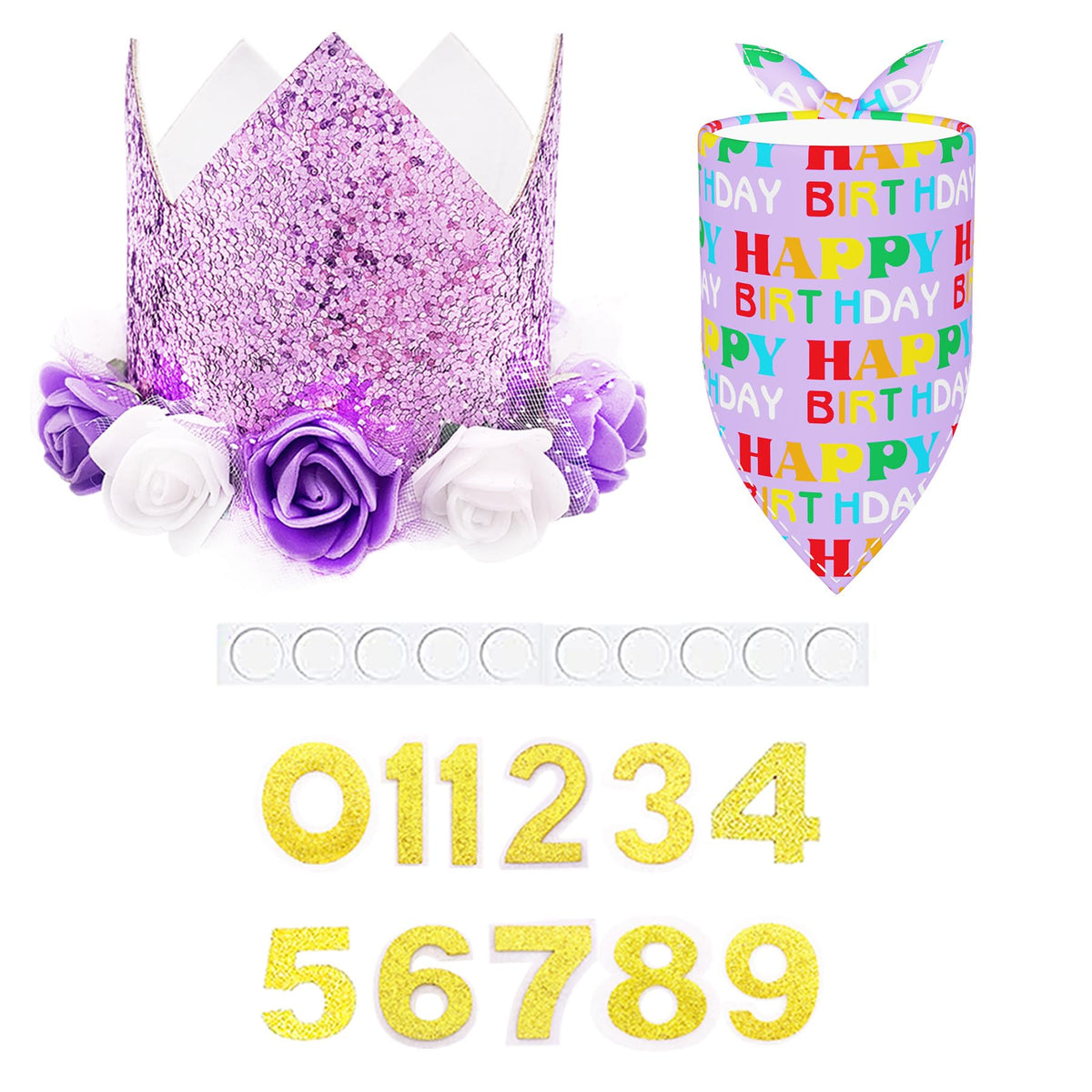 PET SHOW Pink Crown Hat Dog Birthday Party Supplies for Girls Female Pets Small Medium Large Dogs Cats Birthday Hat and Plaid Bandana with 0-9 Numbers and Glue