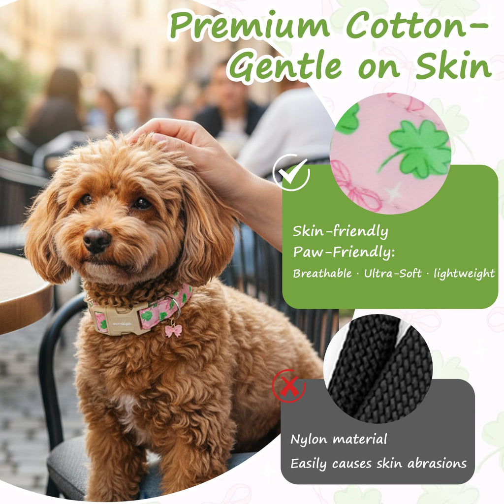 Astdogio St. Patrick's Day Dog Collar,Pink Bow with Green Clover Puppy Collar,Adjustable Spring Cotton Collars Gifts for Small Medium Large Dogs,Dog Accessories S