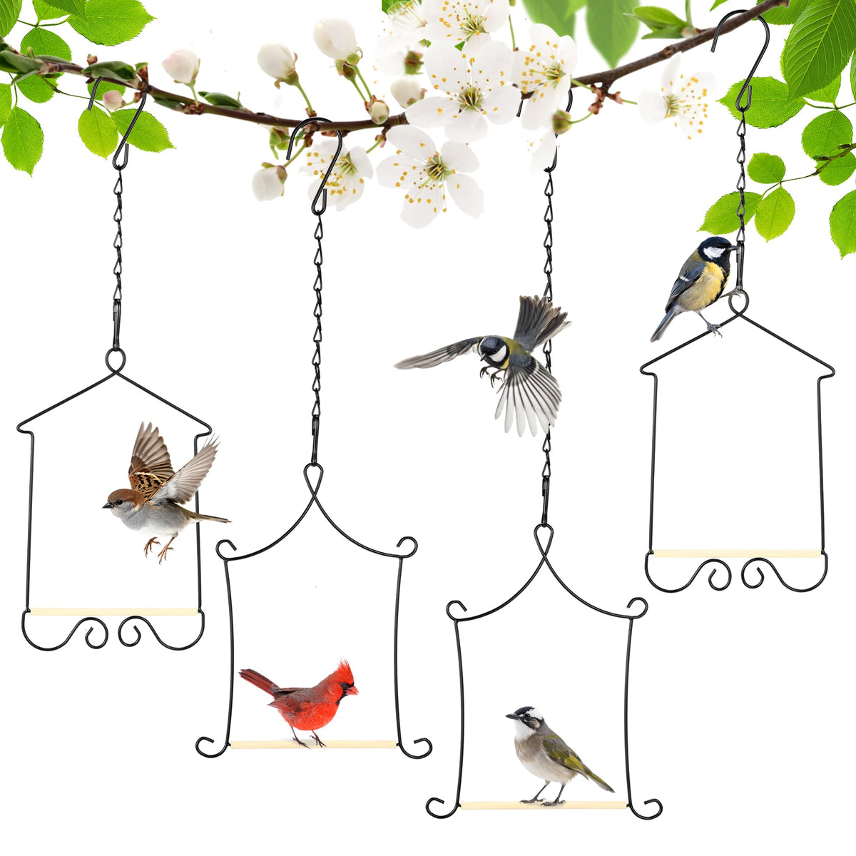 XYADX Metal Frame Hummingbird Swings and Perches with Wooden Dowel Black Bird Swing Outdoor Bird Perch Humming Bird Swing (4PK)