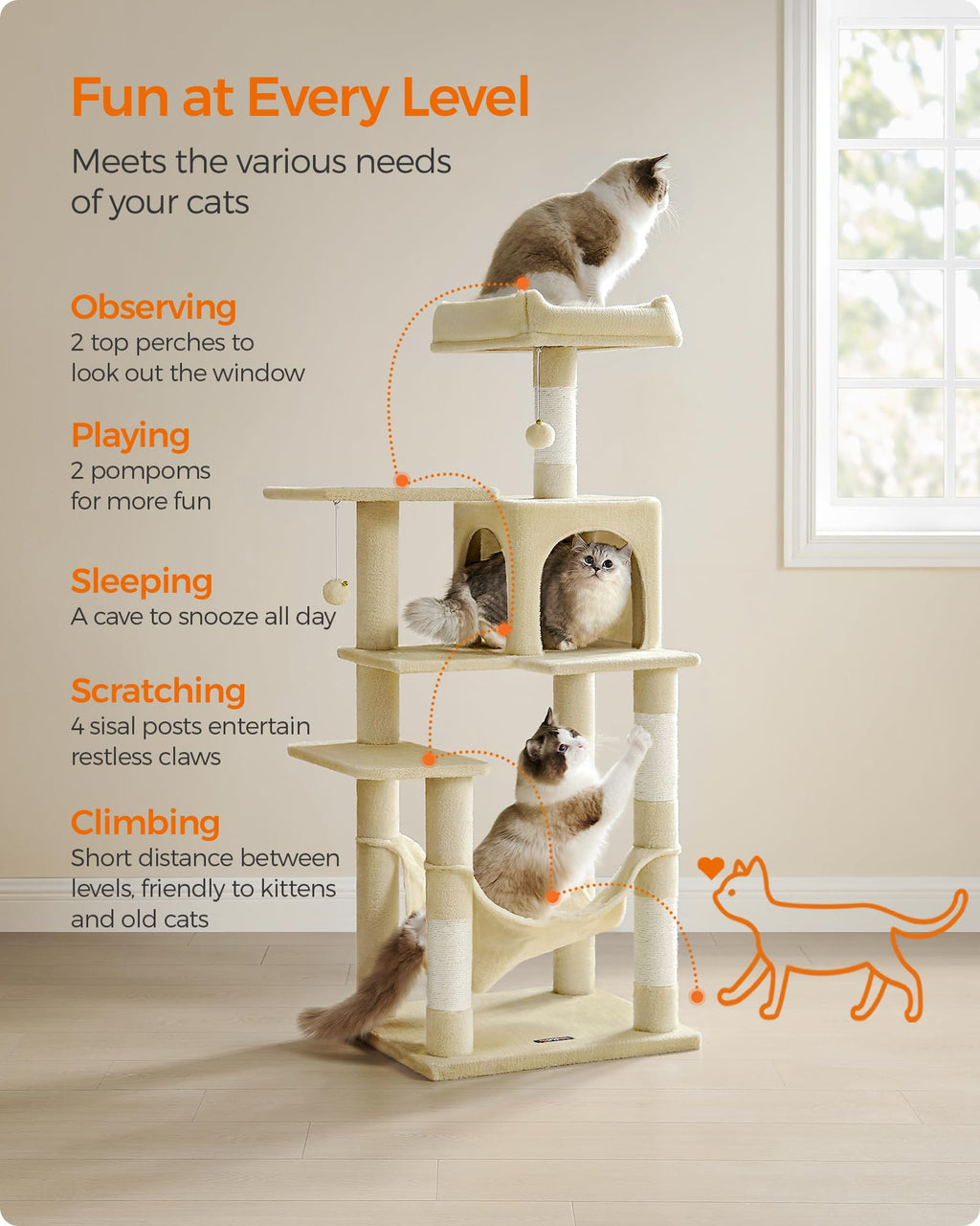 Feandrea Cat Tree, 54.2-Inch Cat Tower, Plush Multi-Level Condo with 4 Scratching Posts, 2 Perches, Hammock, Cave, Beige UPCT161M01