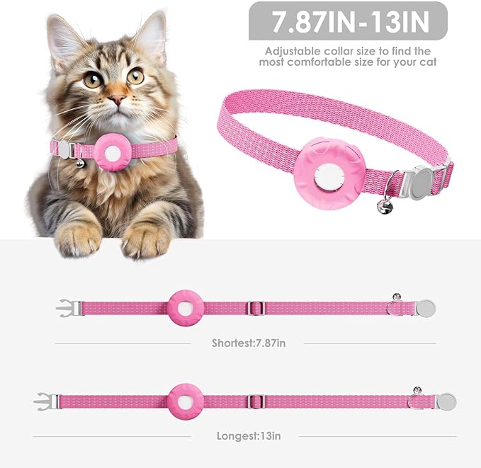 Cat Tracker, GPS Tracker Compatible with Apple Find My App(Only iOS), Waterproof Cat Tracker Collar with Bell and Safety Elastic Buckle, No Monthly Fee Pet Trackers, Works with Any Collar, Pink