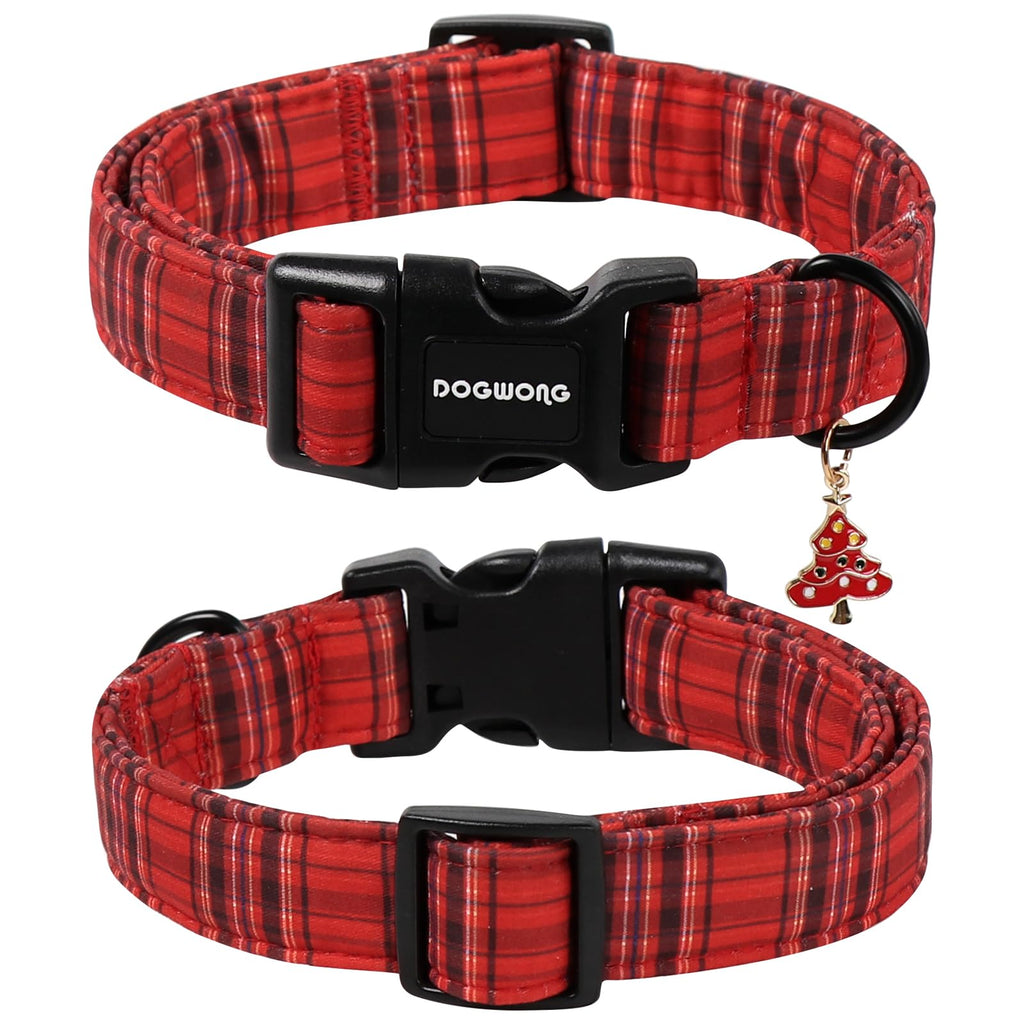 DOGWONG Christmas Plaid Dog Collar, Cute Adjustable Red Tartan Collar, Red Grid Dog Collar with Strong Plastic Buckle for Small Medium Large Dogs,XL