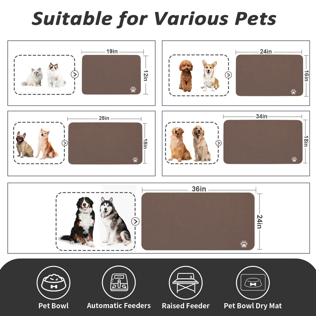 HotLive Dog Food Mat - Absorbent Cat Mat for Food and Water, No Stains Pet Feeding Bowl Mat, Easy to Clean Pet Placemats, Quick Dry Dog Water Dispenser Mat for Messy Drinkers | Paw Brown 18"x 28"