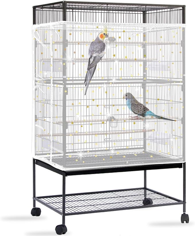 Daoeny Bird Cage Seed Catcher, Large Bird Cage Cover, Adjustable Soft Airy Nylon Mesh Net, Birdcage Cover Skirt Seed Guard for Parrot Parakeet Macaw African Round Square Cages (White)