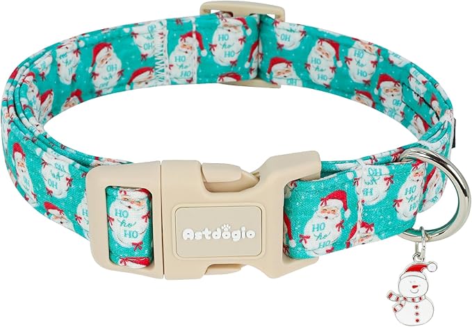 Astdogio Christmas Dog Collar，Soft Cotton Dog Collars for Small Dogs, Dog Christmas Collar with Santa for Small Medium Large Dogs, Adjustable Green Collars Perfect for Girl or Boy Dog Collars-S