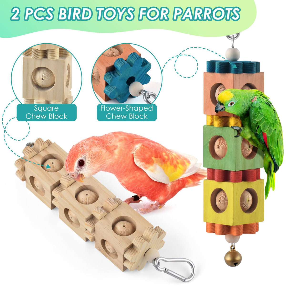 DBNESS 2 PCS Bird Chew Toys, Hanging Wood Parrot Toys with Bell, Beak Grinding & Foraging Bird Cage Toys for Small to Medium Parakeet Conure Cockatiel Caique Budgie