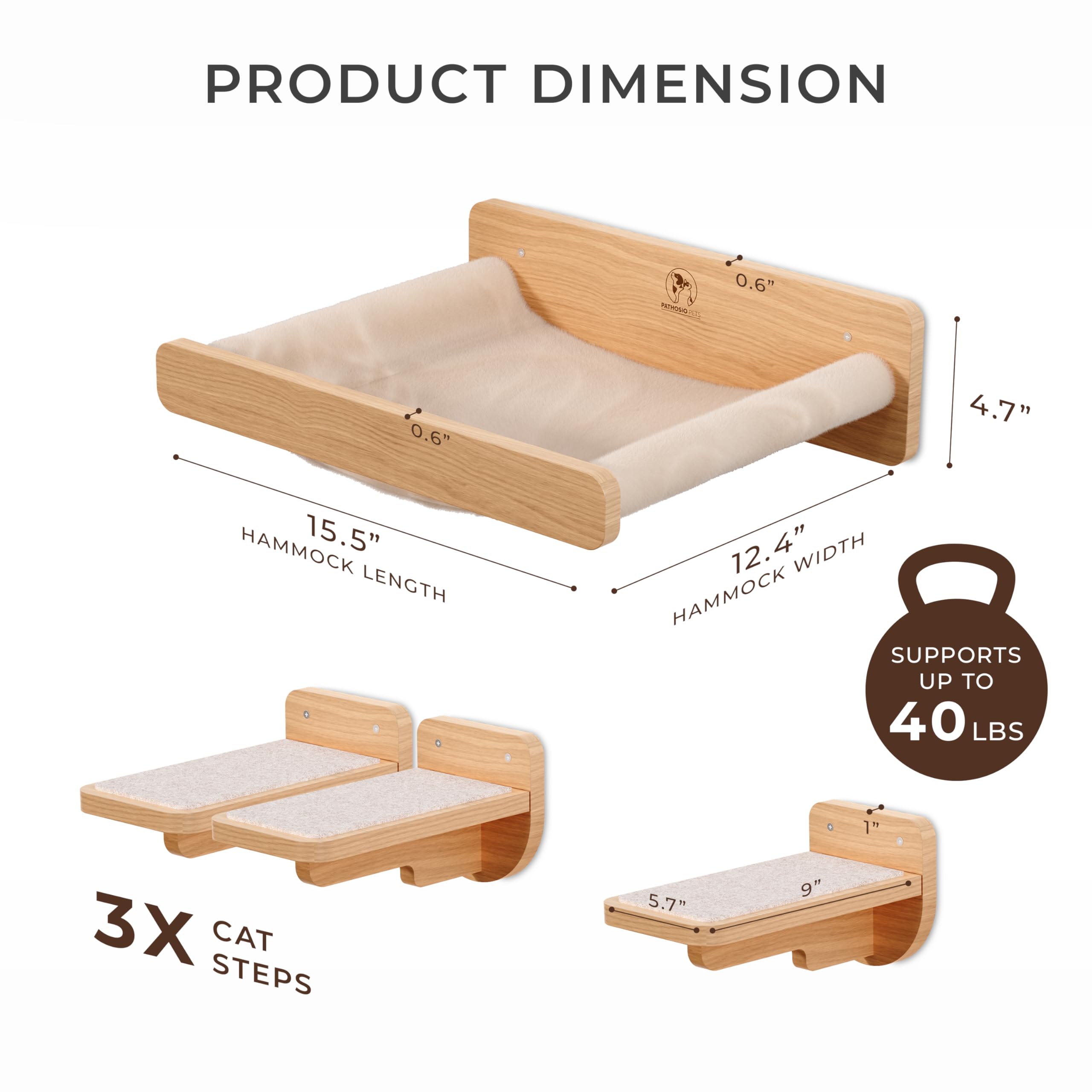 PATHOSIO PETS Space-Saving Cat Wall Shelves – Interactive Cat Wall Climber with Hammock & Dog Proof Feeding Station for Small & Medium Indoor Breeds – Solid Natural Wood with Beige Carpet