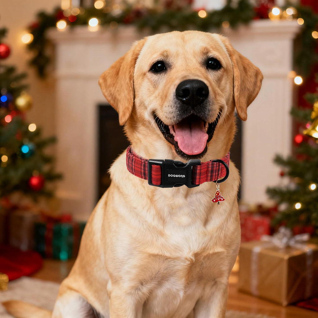 DOGWONG Christmas Plaid Dog Collar, Cute Adjustable Red Tartan Collar, Red Grid Dog Collar with Strong Plastic Buckle for Small Medium Large Dogs,XL
