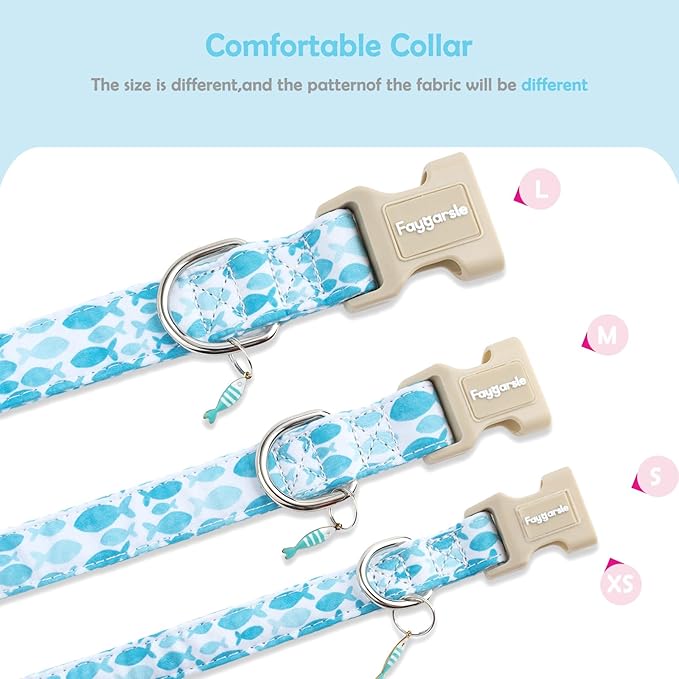Faygarsle Fish Pattern Dog Collar, Blue and White, Summer Design for Small Medium Large Dogs, L