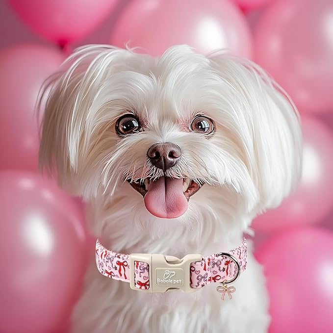 Babole Pet Girl Dog Collar for Medium Dogs - Cute Heart Bow Print Girly Dog Collars, Soft Adjustable Spring/Summer Holiday Female Dogs Collar with Quick-Release Buckle M