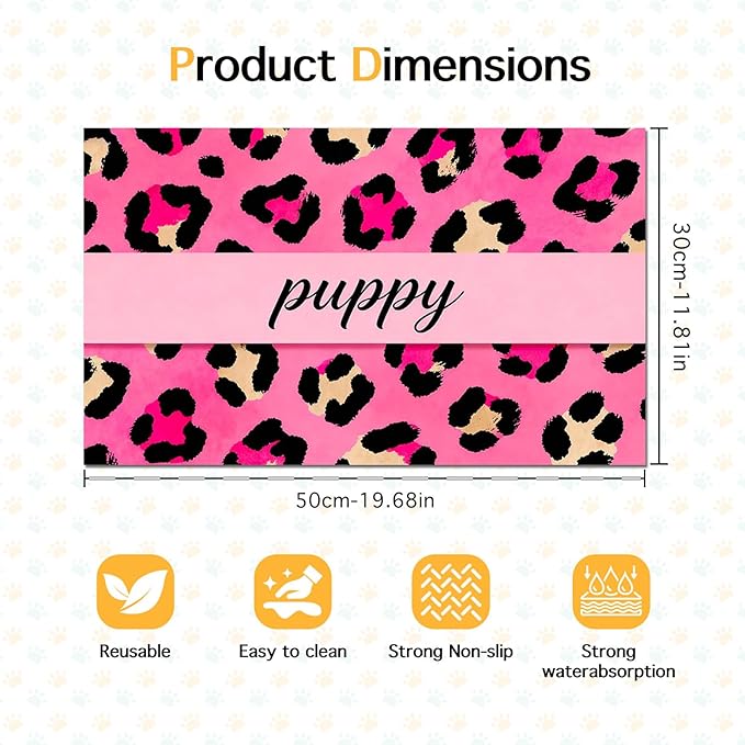 Puppy Feeding Mat 20x12 inch Pink Leopard Print Dog Bowl Placemat Non Slip Mat for Pet Food and Water Small Dog Feeding Area Indoor Puppy Feedings Station Pet Meal Mats for Kitchen