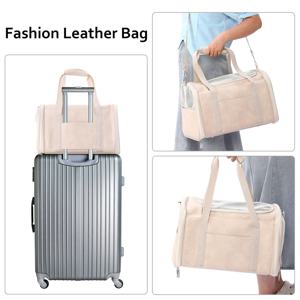 Lasaviin Fashion Leather Dog Carrier Cat Carrier Airline Approved Pet Carrier for Small Medium Dogs Cats Under 15Lbs, Collapsible Soft Sided Travel Puppy Carrier White