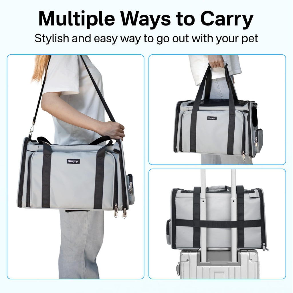 CarryTip Expandable Cat Carrier, Airline Approved Soft Sided Pet Carrier for Cats & Small Dogs Up to 15 lbs, with Locking Safety Zippers & Cozy Fleece Pad, Portable for Car & Vet Visits, Black