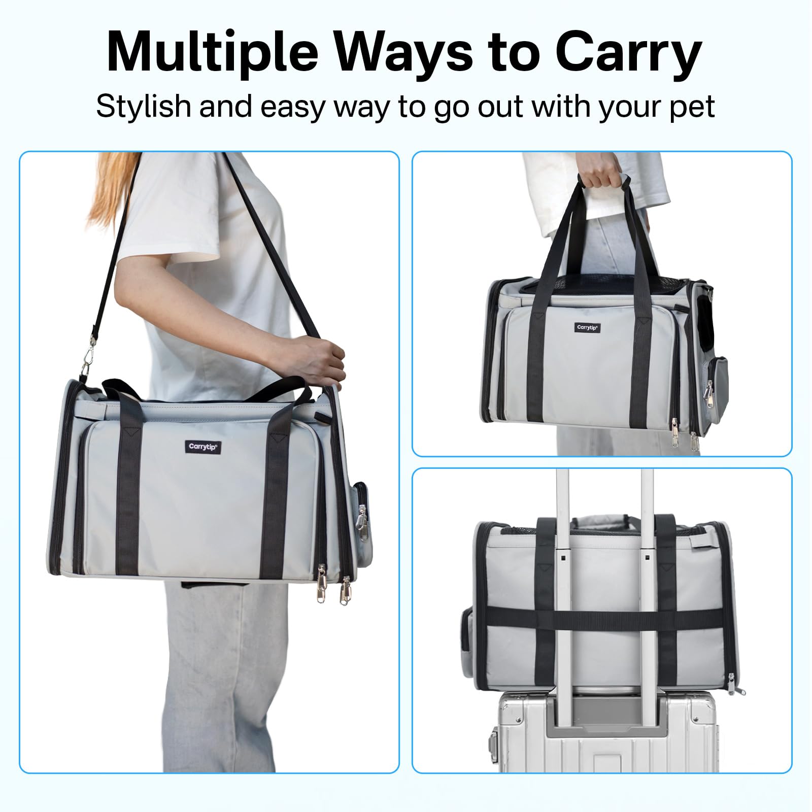 CarryTip Expandable Cat Carrier, Airline Approved Soft Sided Pet Carrier for Cats & Small Dogs Up to 15 lbs, with Locking Safety Zippers & Cozy Fleece Pad, Portable for Car & Vet Visits, Black