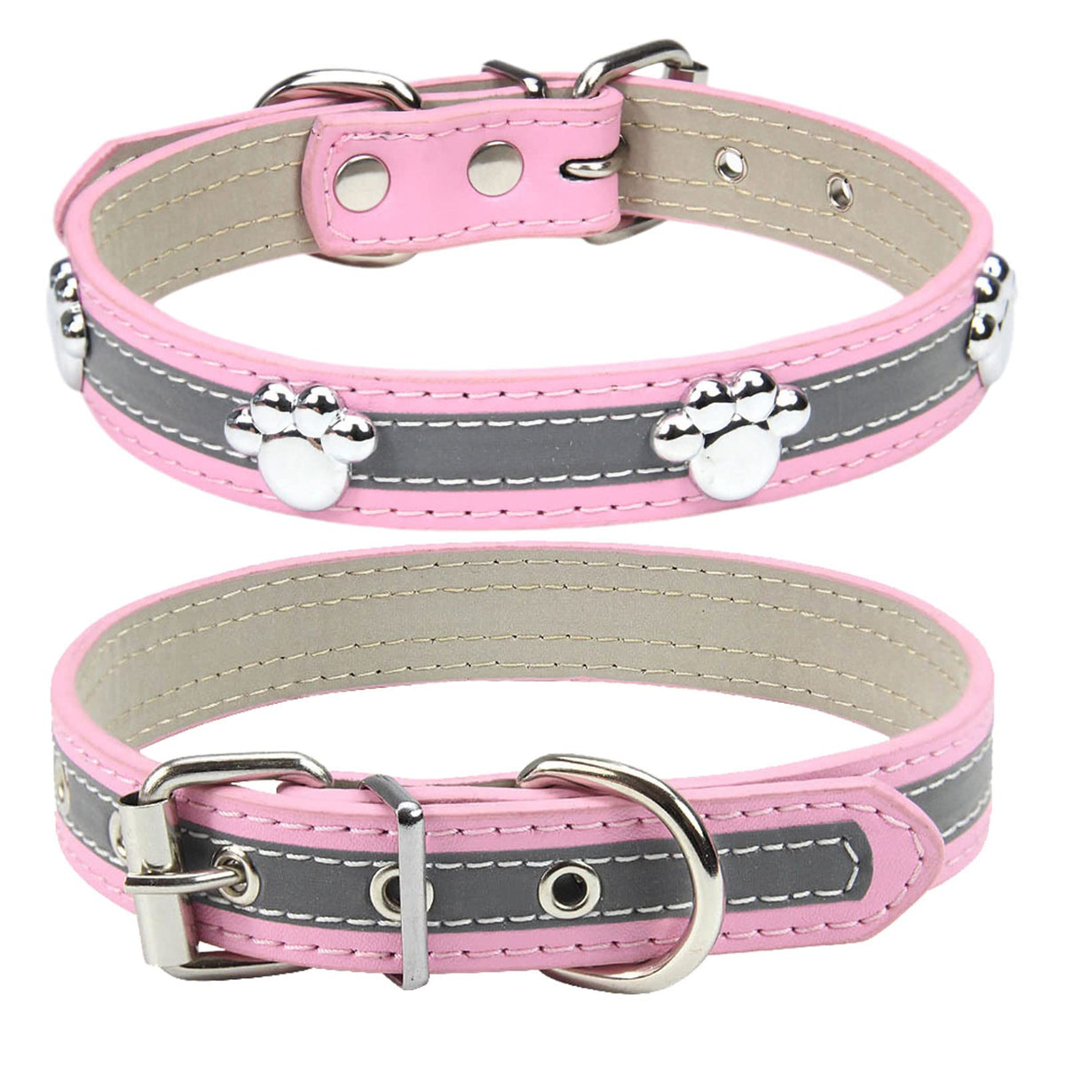 PETCARE Reflective Dog Collar with Cute Paw Rivet Studded Funny Soft PU Leather Adjustable Puppy Dog Collars for Small Medium Large Dogs Cats (Pink,Medium)