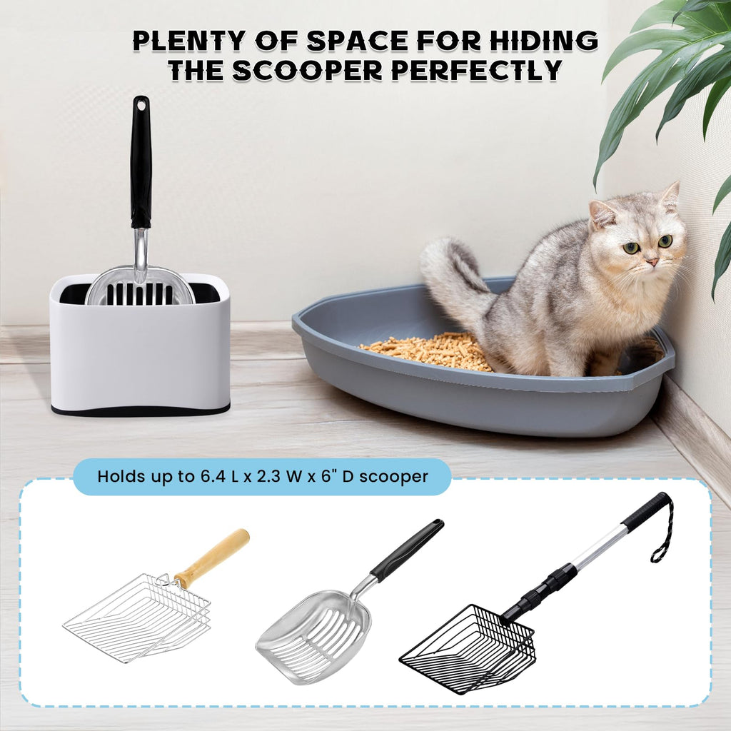 Cat Litter Scoop Holder Universal Scooper Storage Caddy for Most Kitty Poop Shovel, Durable Removable Pet Pooper Stand for Plastic / Metal Waste Scoops, Double-Layer Mini Desktop Trash Can - L White
