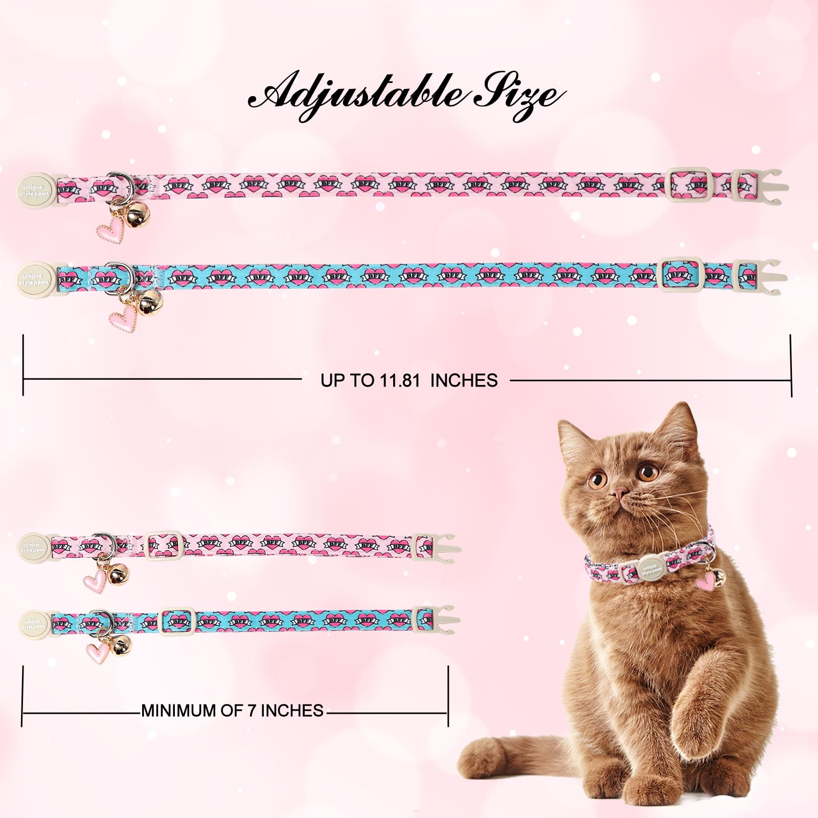 Unique Style Paws Pink Kitten Collars,Cute Valentine Cats Collar with Bell,Kitten Collar Breakaway Buckle with Heart Pattern,Adjustable Valentine Cat Collars,Ideal Gift for Boy Girl Cats