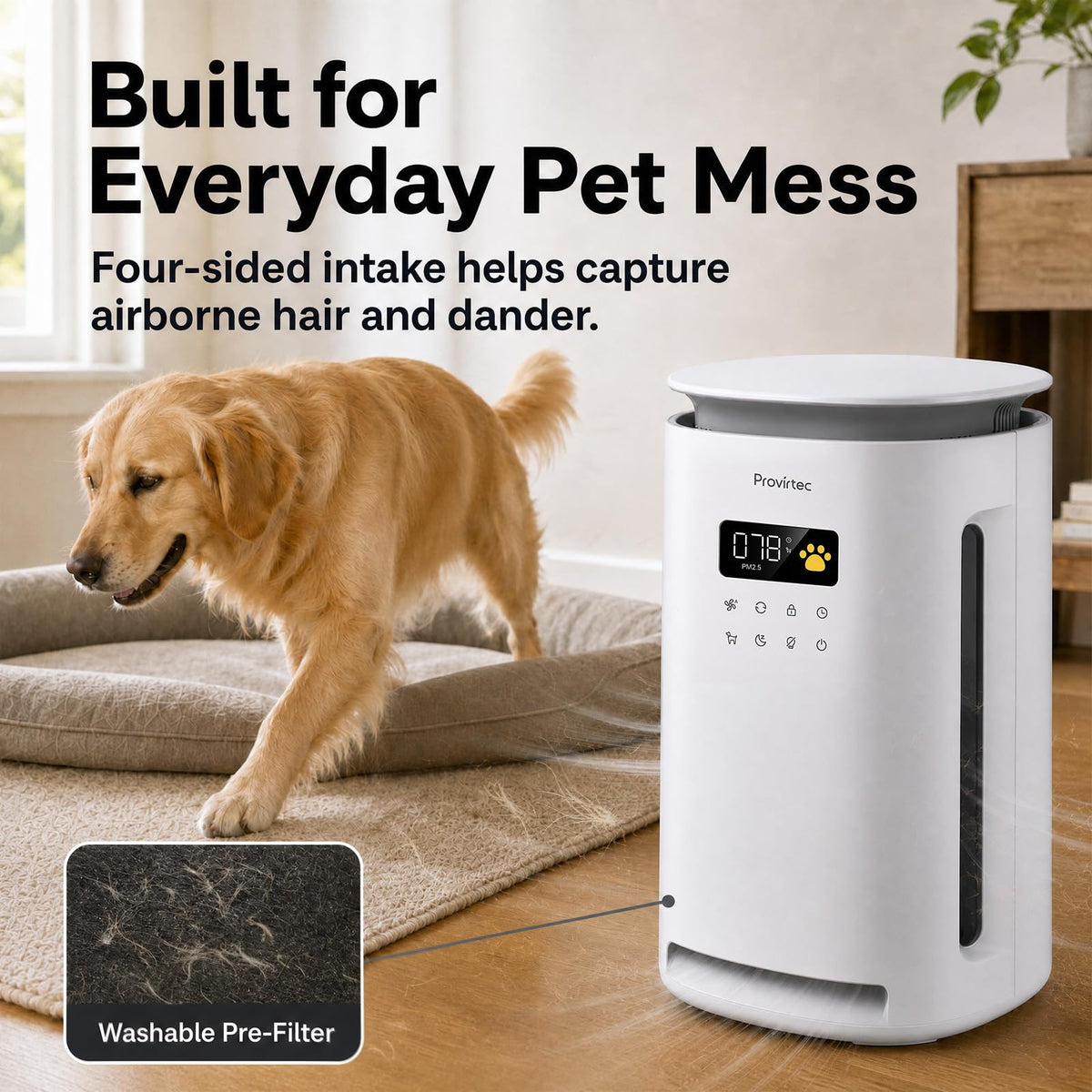 Provirtec Pet Air Purifier for Home with 2 Washable Pre-Filters, H13 HEPA