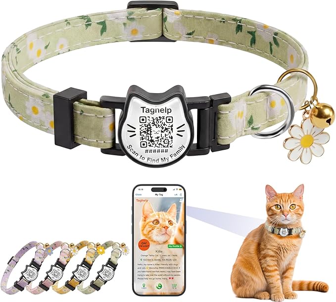 Breakaway Cat Collar with QR Code ID Tag, Adjustable Cotton Kitten Collar with Bell, Scan to Find My Family Personalized Pet Info, Cute Flower Design for Indoor Outdoor Cats