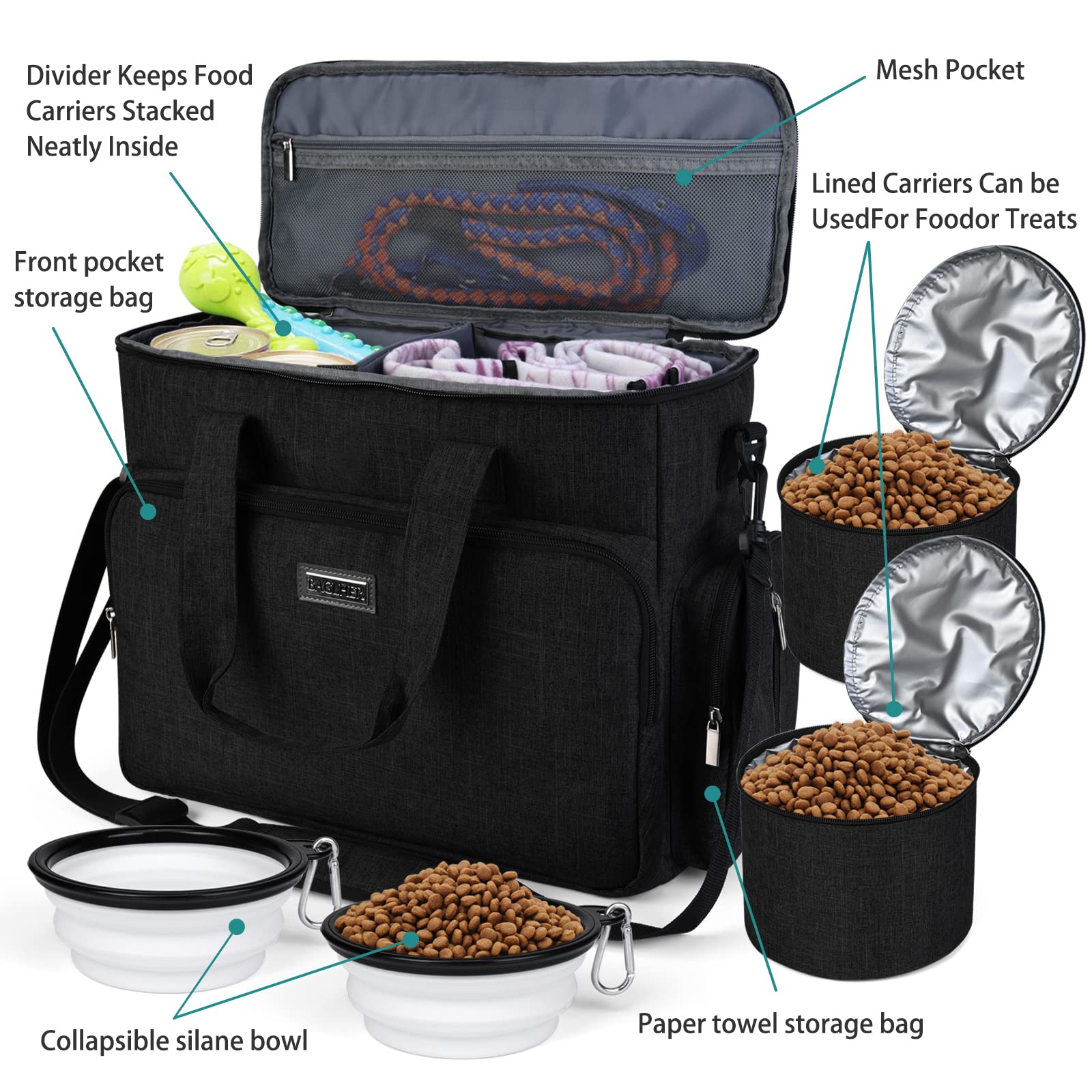 BAGLHER Dog Travel Bag, Airline Approved Pet Tote Organizer with Multi-Function Pockets, 2 X Food Storage Containers and 2 X Collapsible Bowls, Perfect Weekend Pet Travel Set for Dog, Cat Black