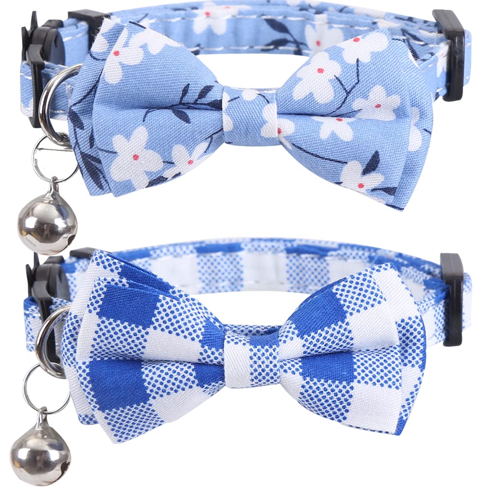 2 Pack Cat Collar Breakaway with Bow Tie and Bell Plaid Flower for Kitty