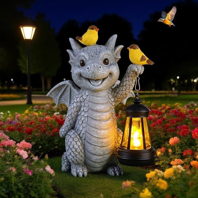 ILLUMINEW Solar Dragon Garden Statue with Lantern and Birds – Resin Dinosaur Figurine with LED Light for Yard, Outdoor Decor, Gifts for Mom