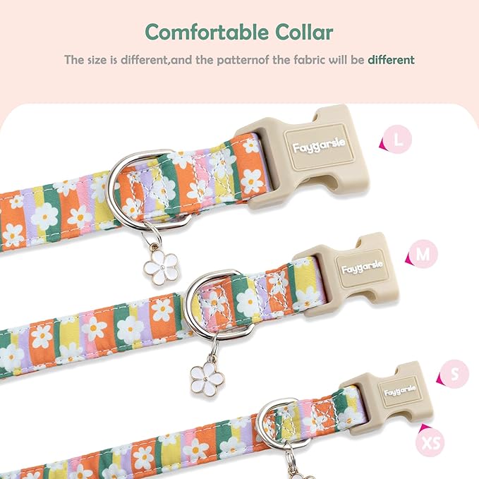 Faygarsle Colorful Floral Dog Collar, Cotton Fabric with Daisy Pattern, Multi-Color Stripes Spring Summer Design for Small Medium Large Dogs, XS