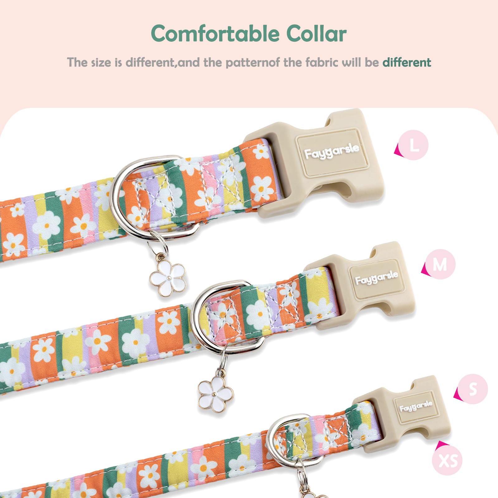 Faygarsle Colorful Floral Dog Collar, Cotton Fabric with Daisy Pattern, Multi-Color Stripes Spring Summer Design for Small Medium Large Dogs, S